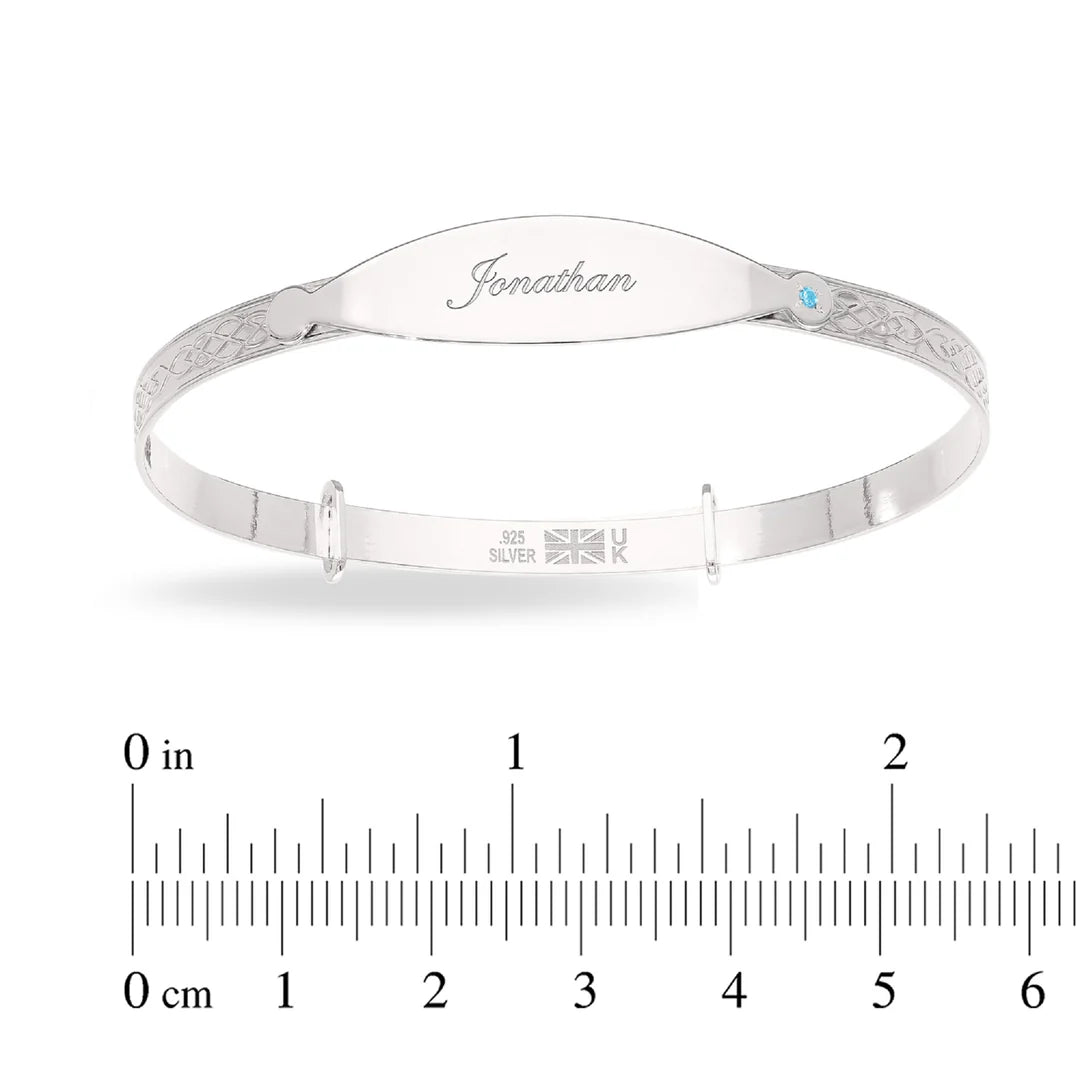 Personalised Sterling Silver Boy Baby Bangle with blue stone (0-5+yrs)