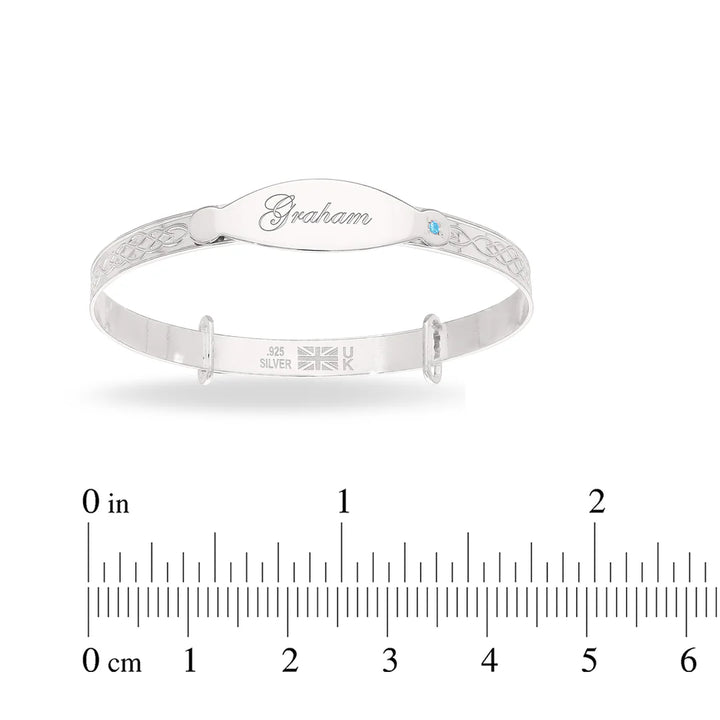 Personalised Sterling Silver Boy Baby Bangle with blue stone (0-5+yrs)