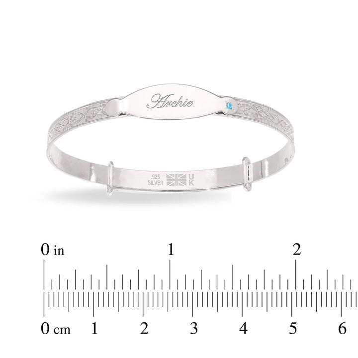 Personalised Sterling Silver Boy Baby Bangle with blue stone (0-5+yrs)