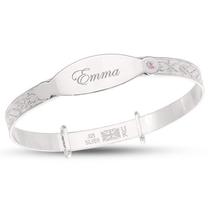 Children's Pink CZ Personalised Baby Girl Bangle in Silver or 18ct Yellow Gold plated (0-1 years)