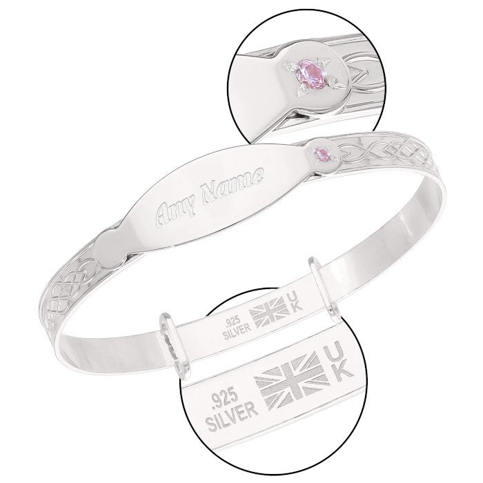 Children's Pink CZ Personalised Baby Girl Bangle in Silver or 18ct Yellow Gold plated (0-1 years)