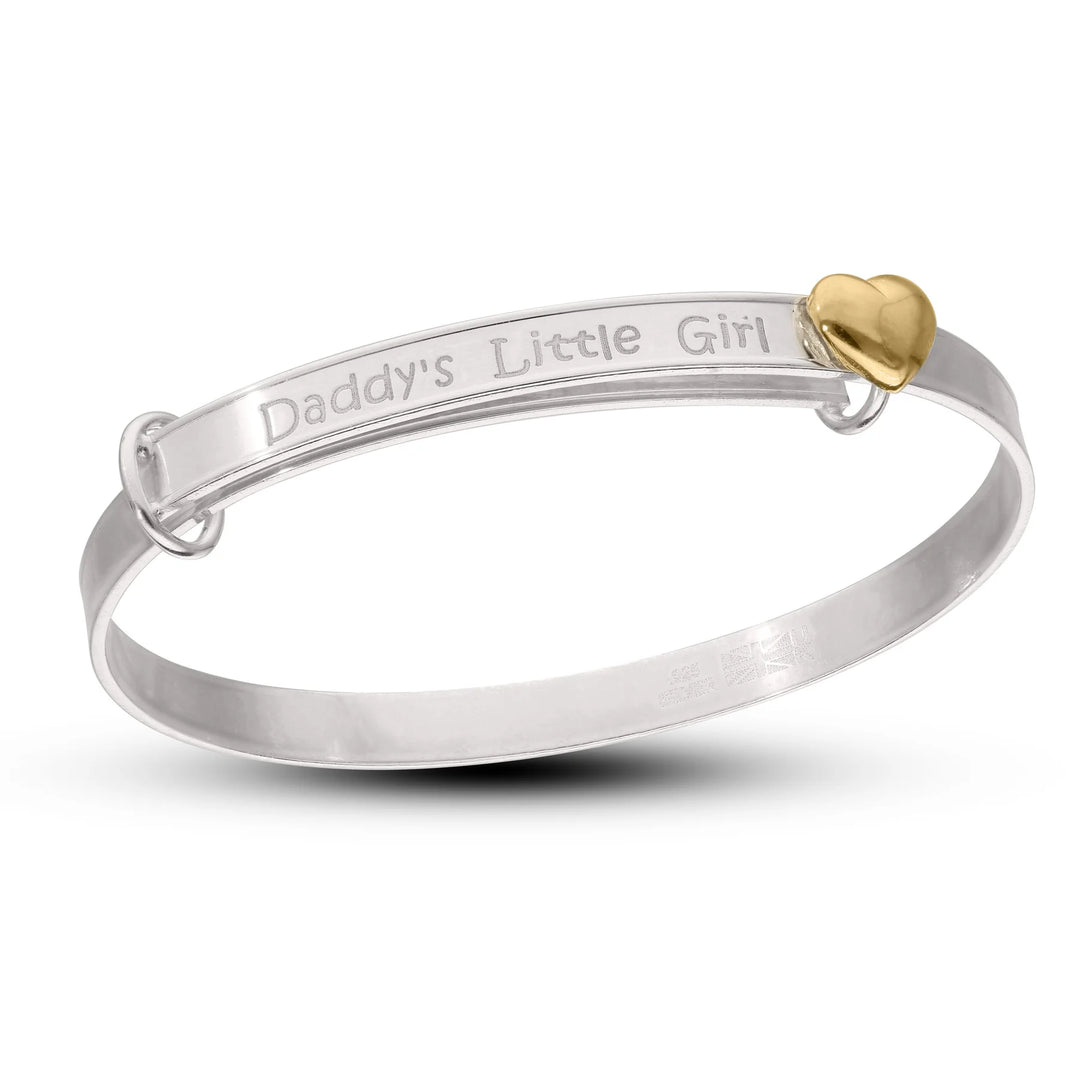 "Our Little Girl" or "Daddy's Little Girl" Baby Silver Bangles for Kid's with a 18ct Gold-plated Heart (0-1 years)