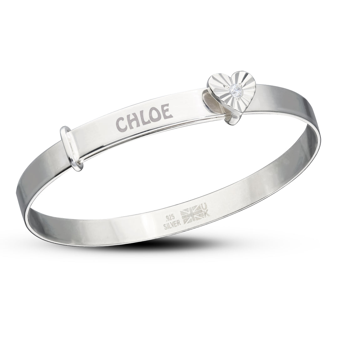 Customised Children's Silver Heart Bangle with Diamond Cut Heart and Birthstone (0-3 years)