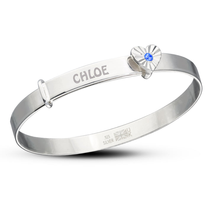 Customised Children's Silver Heart Bangle with Diamond Cut Heart and Birthstone (0-3 years)