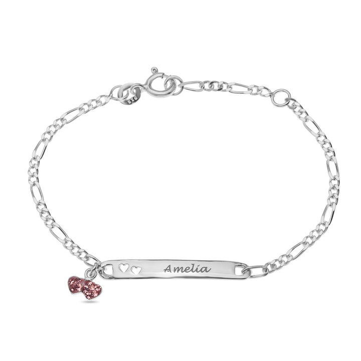 Personalised Sterling Silver Girls Figaro ID Bracelet with Heart-shaped Pink CZ Charm