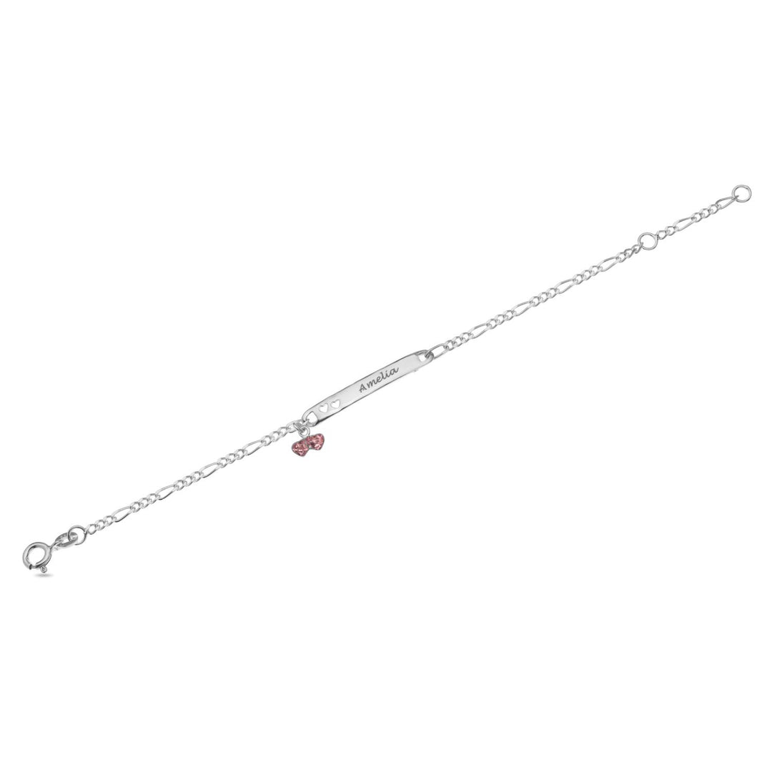 Personalised Sterling Silver Girls Figaro ID Bracelet with Heart-shaped Pink CZ Charm