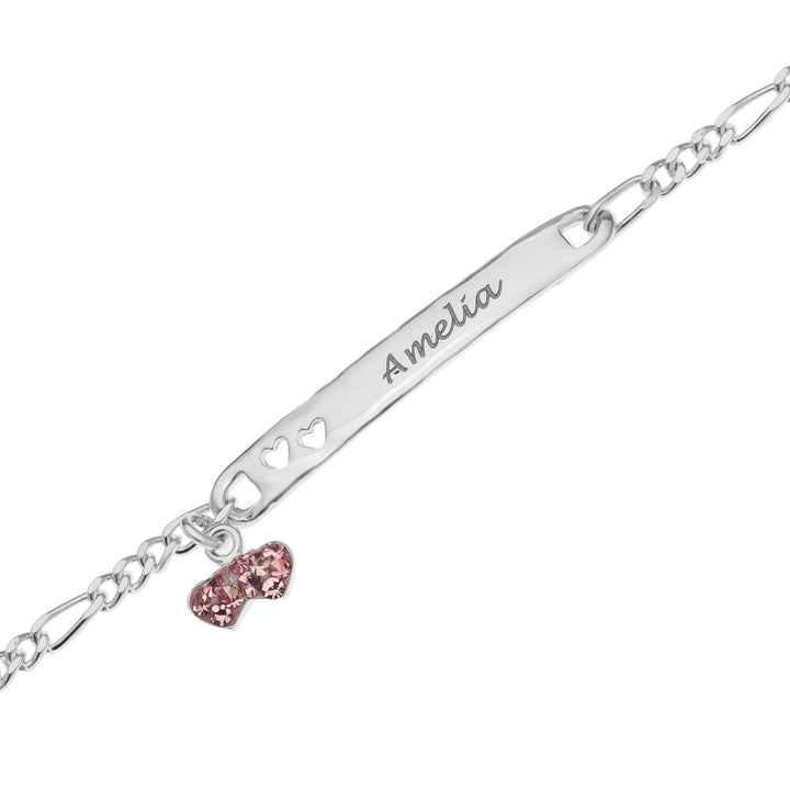 Personalised Sterling Silver Girls Figaro ID Bracelet with Heart-shaped Pink CZ Charm