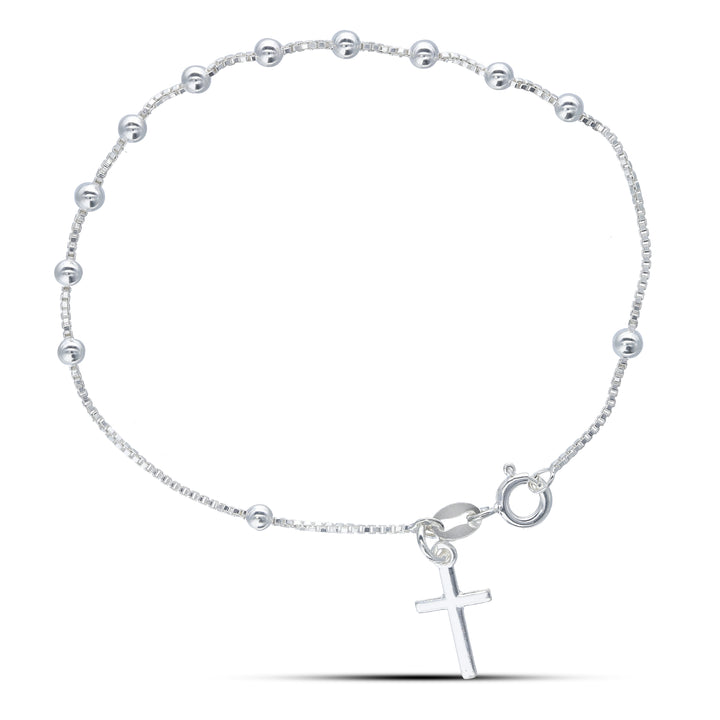 925 Sterling Silver Rosary Bracelet with Cross Charm