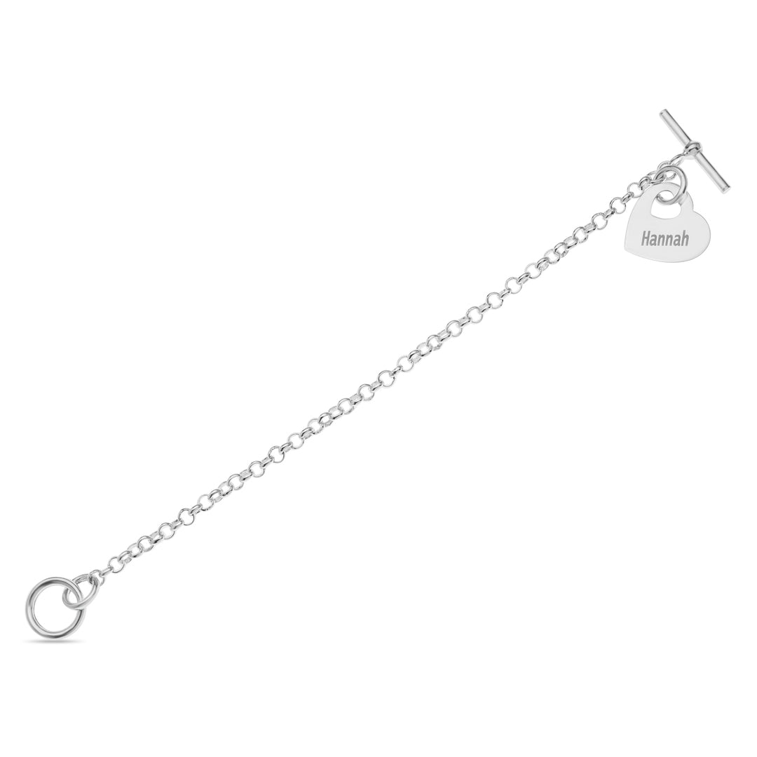 Customised Silver Heart Charm T-Bar Bracelet