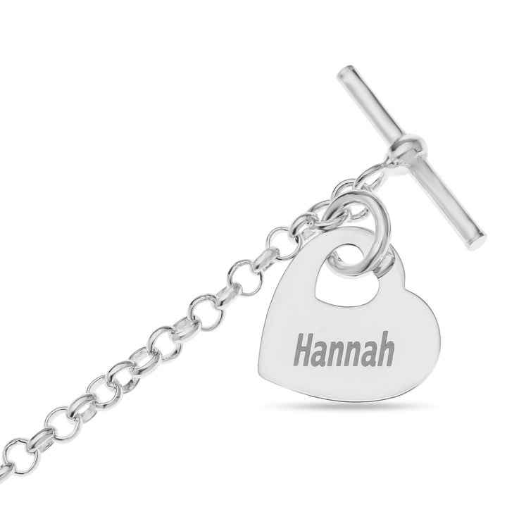 Customised Silver Heart Charm T-Bar Bracelet