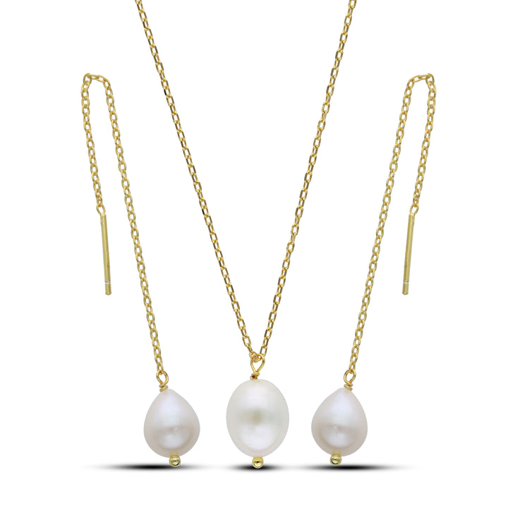 Gold Plated Freshwater Pearl Set, Necklace and drop Earrings