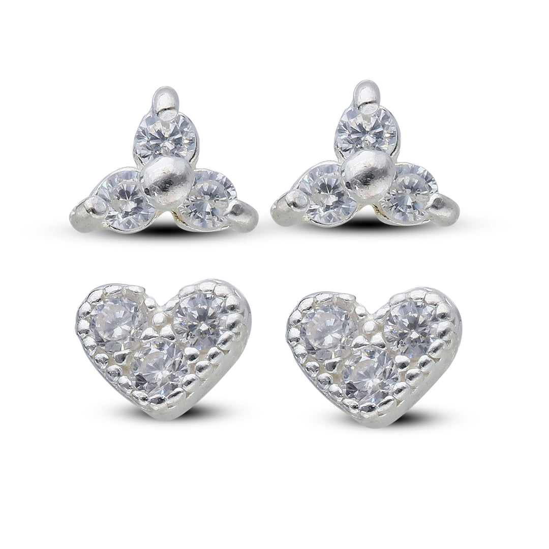 Sterling Silver Cubic Triangle And Heart Stud Earrings