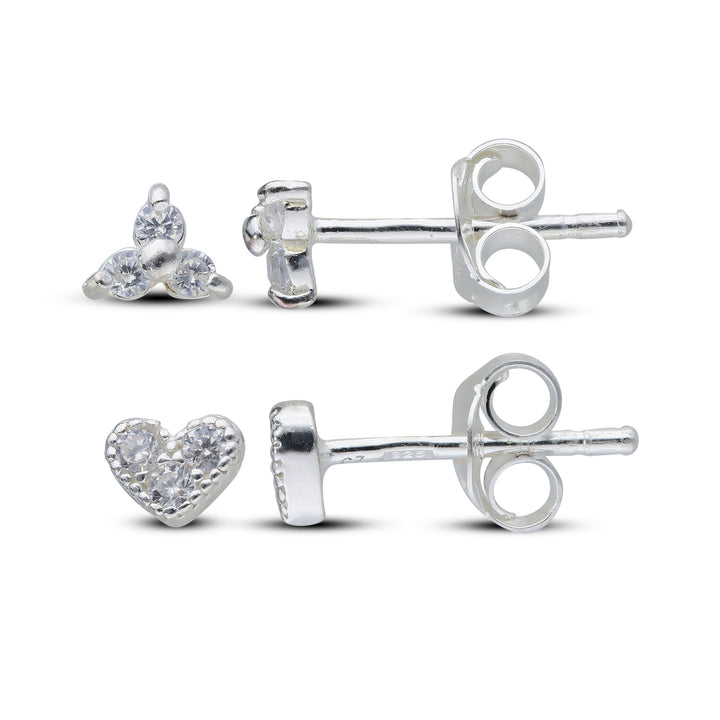 Sterling Silver Cubic Triangle And Heart Stud Earrings