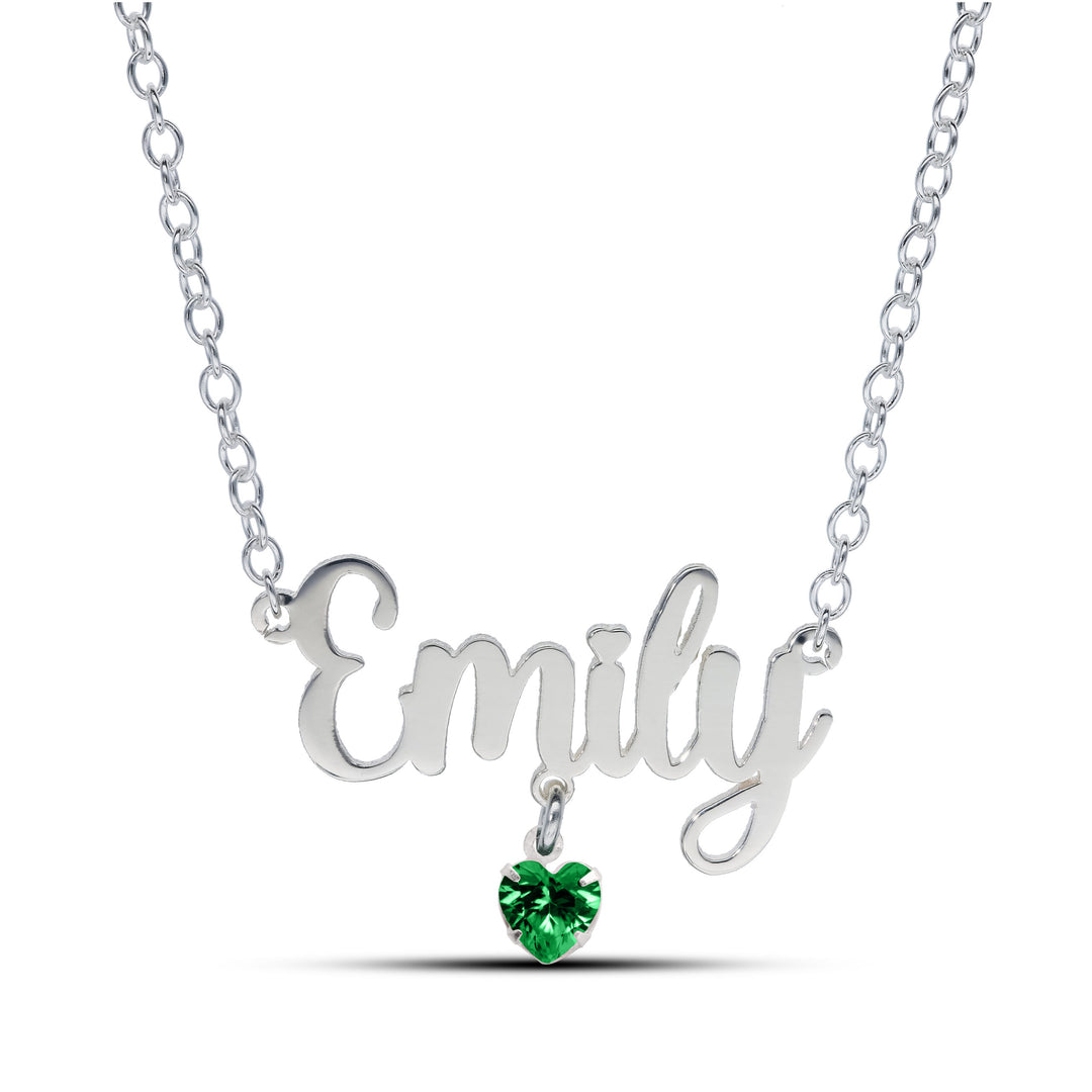 Sterling Silver Name Necklace with Birthstone Heart Charm in Silver or 18ct Yellow Gold plated