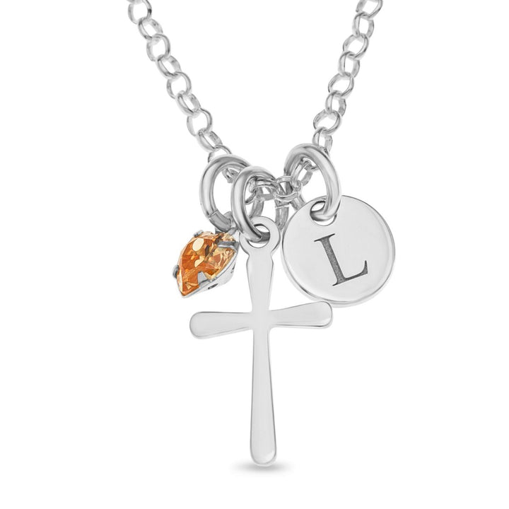 Personalised Sterling Silver Birthstone Cross and Initial Coin Necklace