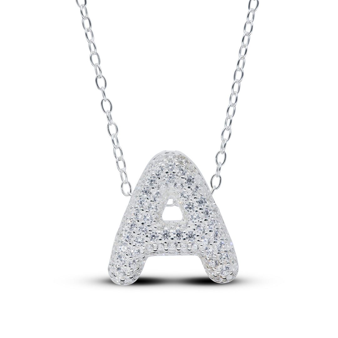 Zirconia's Bubble Initial Pendant – Balloon Effect Letter with White Zirconia – Silver Necklace