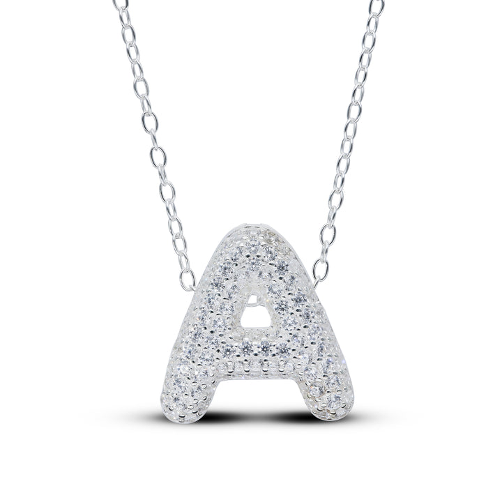 Zirconia's Bubble Initial Pendant – Balloon Effect Letter with White Zirconia – Silver Necklace