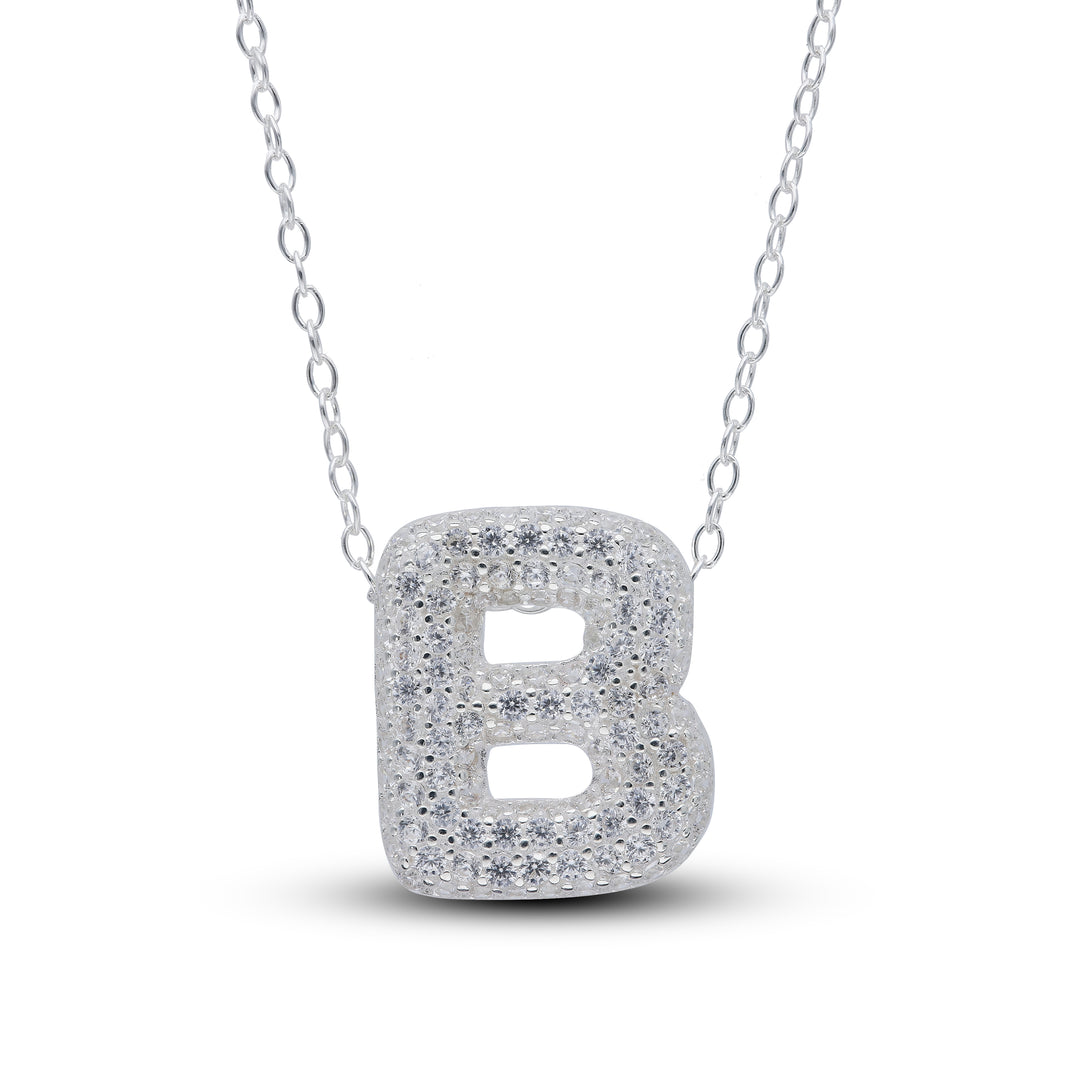 Zirconia's Bubble Initial Pendant – Balloon Effect Letter with White Zirconia – Silver Necklace
