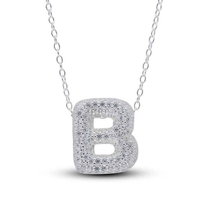 Zirconia's Bubble Initial Pendant – Balloon Effect Letter with White Zirconia – Silver Necklace