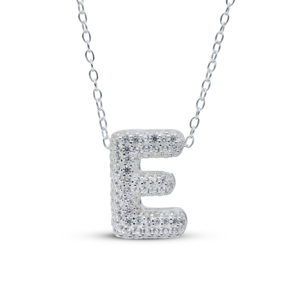 Zirconia's Bubble Initial Pendant – Balloon Effect Letter with White Zirconia – Silver Necklace