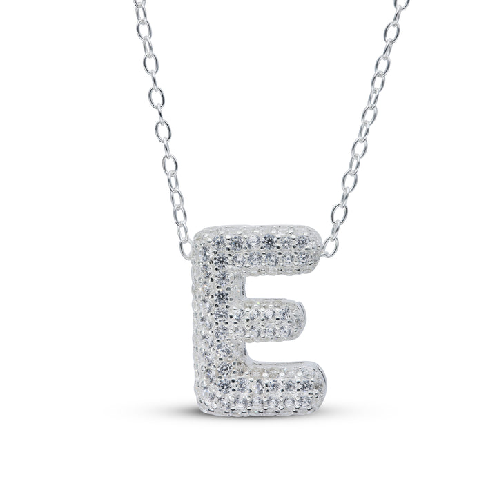 Zirconia's Bubble Initial Pendant – Balloon Effect Letter with White Zirconia – Silver Necklace