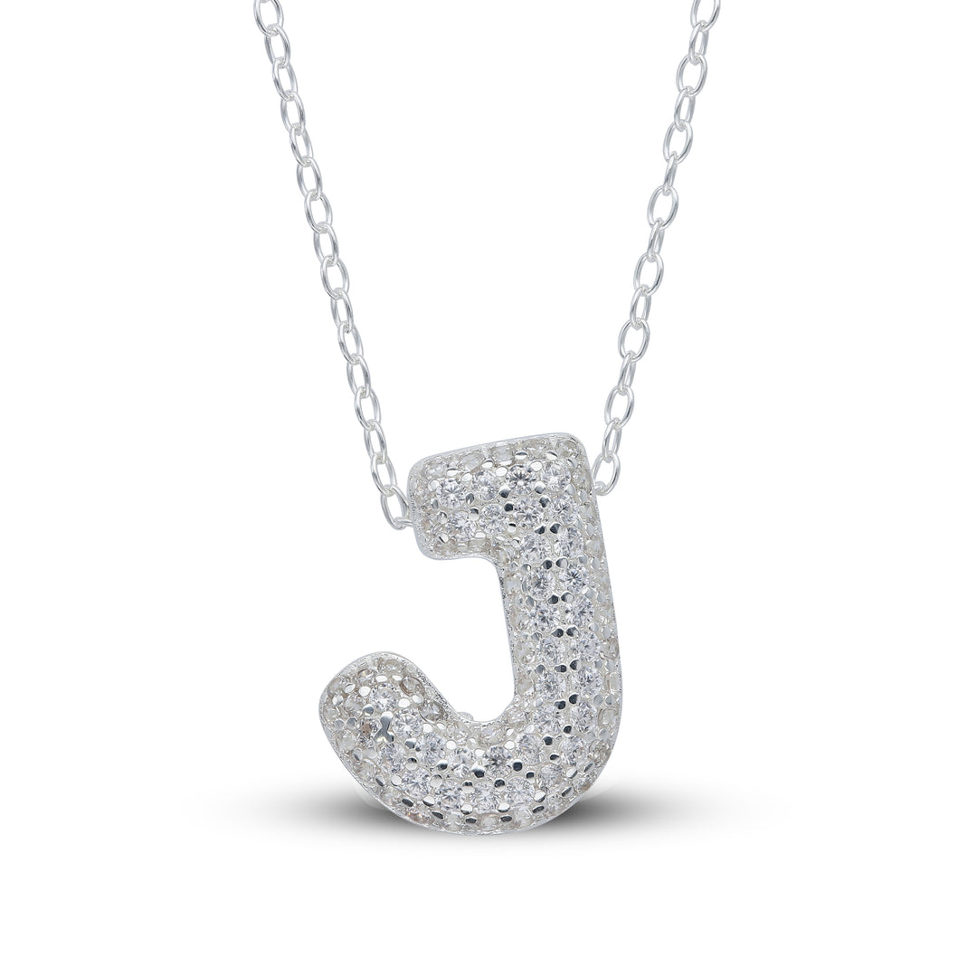 Zirconia's Bubble Initial Pendant – Balloon Effect Letter with White Zirconia – Silver Necklace