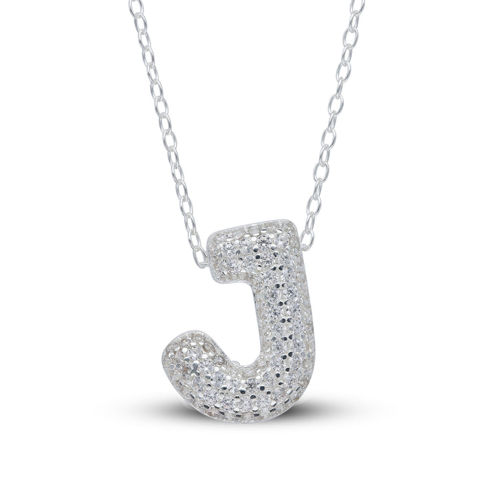 Zirconia's Bubble Initial Pendant – Balloon Effect Letter with White Zirconia – Silver Necklace