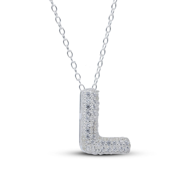 Zirconia's Bubble Initial Pendant – Balloon Effect Letter with White Zirconia – Silver Necklace
