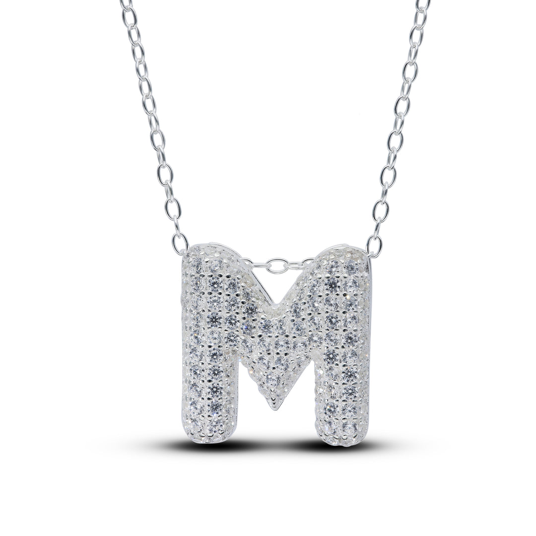 Zirconia's Bubble Initial Pendant – Balloon Effect Letter with White Zirconia – Silver Necklace