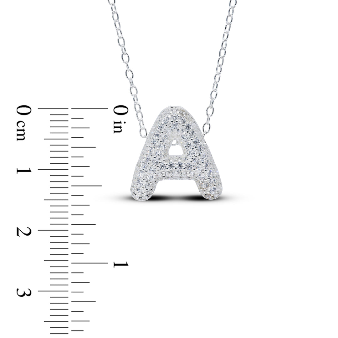 Zirconia's Bubble Initial Pendant – Balloon Effect Letter with White Zirconia – Silver Necklace
