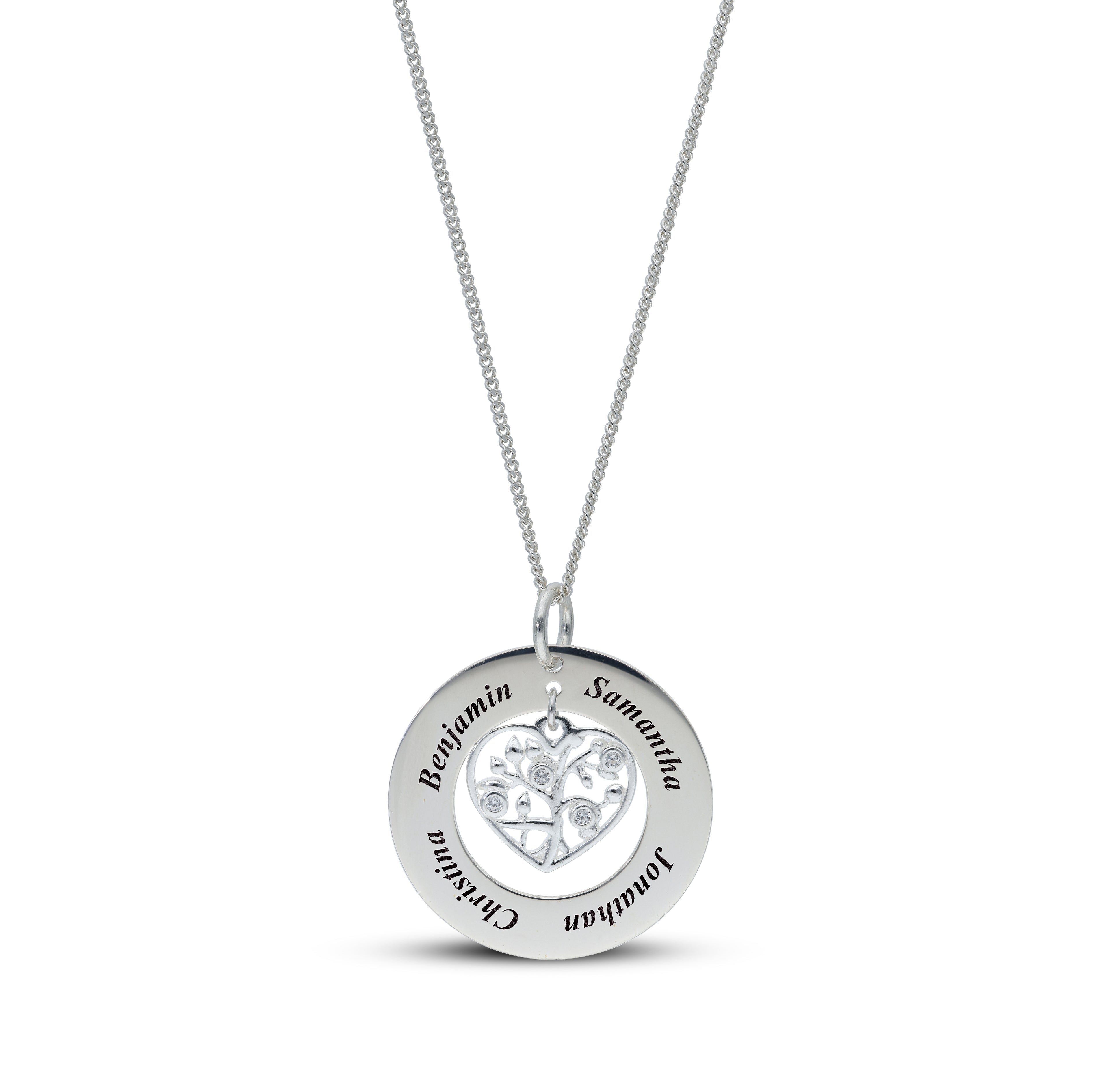 Tree of Life Family Circle Necklace in Silver with Hanging CZ Heart Dolce Valentina