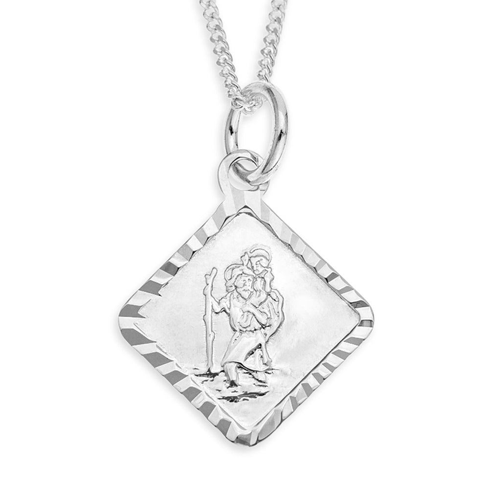 Customised Square St. Christopher Kids Pendant with Silver Diamond Cut ( 0-15 years )