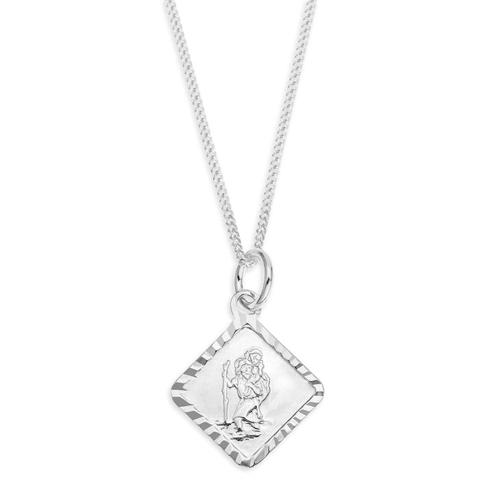 Customised Square St. Christopher Kids Pendant with Silver Diamond Cut ( 0-15 years )