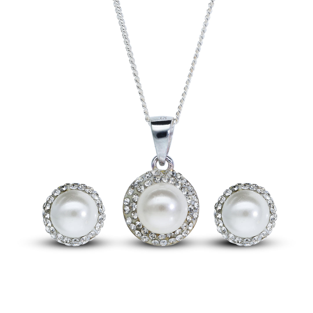 Elegant Pearl & Crystal Jewellery Set – Necklace with Pendant & Matching Stud Earrings