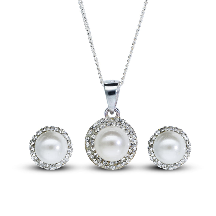Elegant Pearl & Crystal Jewellery Set – Necklace with Pendant & Matching Stud Earrings