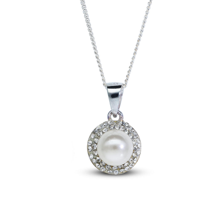 Elegant Pearl & Crystal Jewellery Set – Necklace with Pendant & Matching Stud Earrings