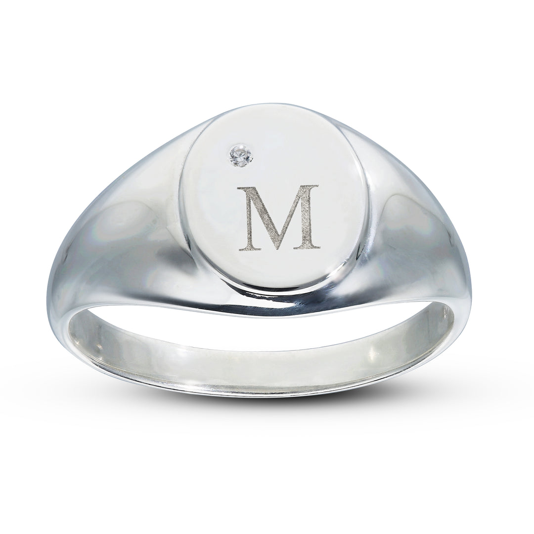 Customised Oval Diamond Signet Ring in Silver for Men