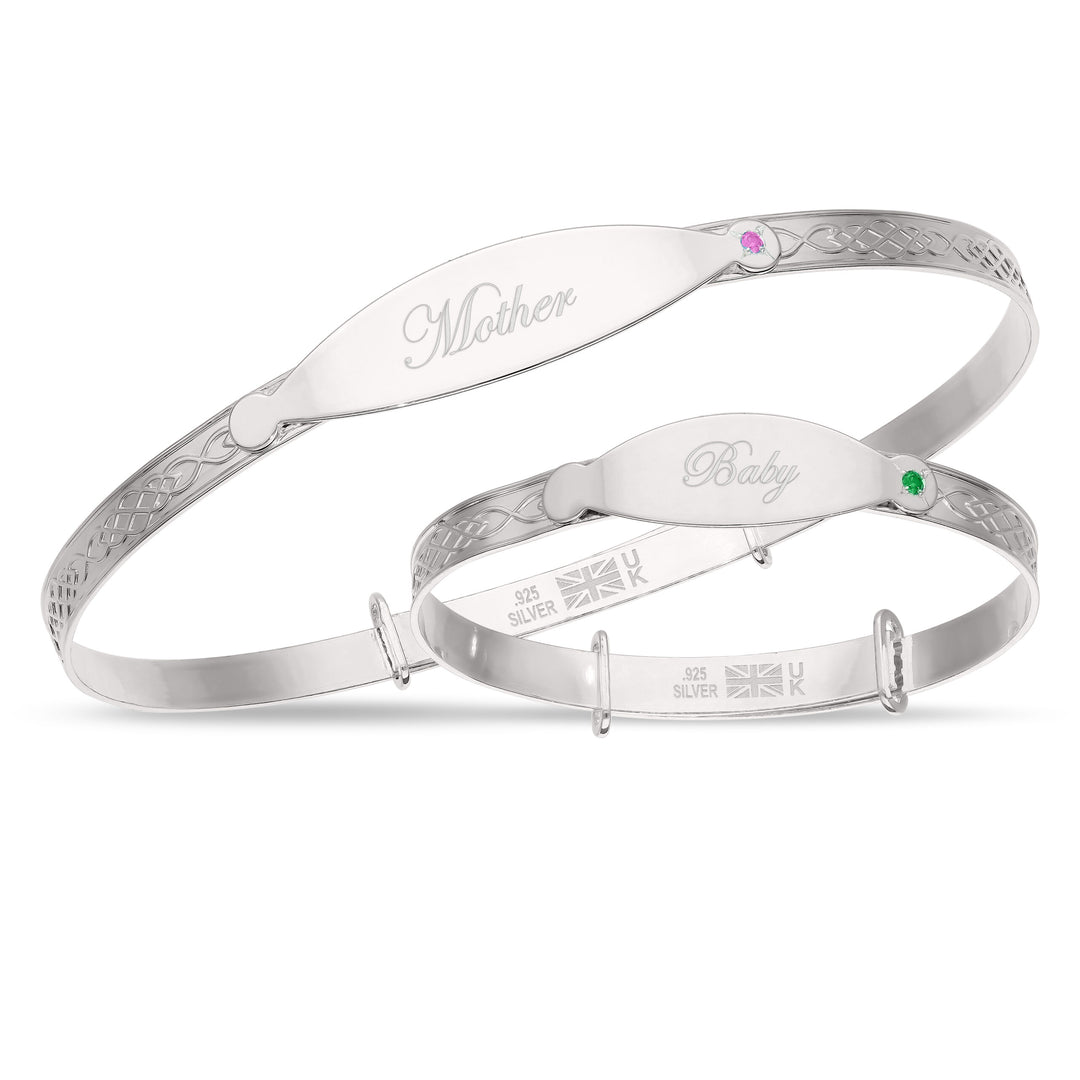 Customised Mother and Baby Birthstone Bangle Set in Sterling Silver