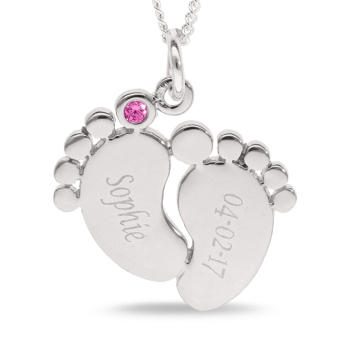 Engraved Baby Feet Bracelet with Personalised Birthstone in Silver