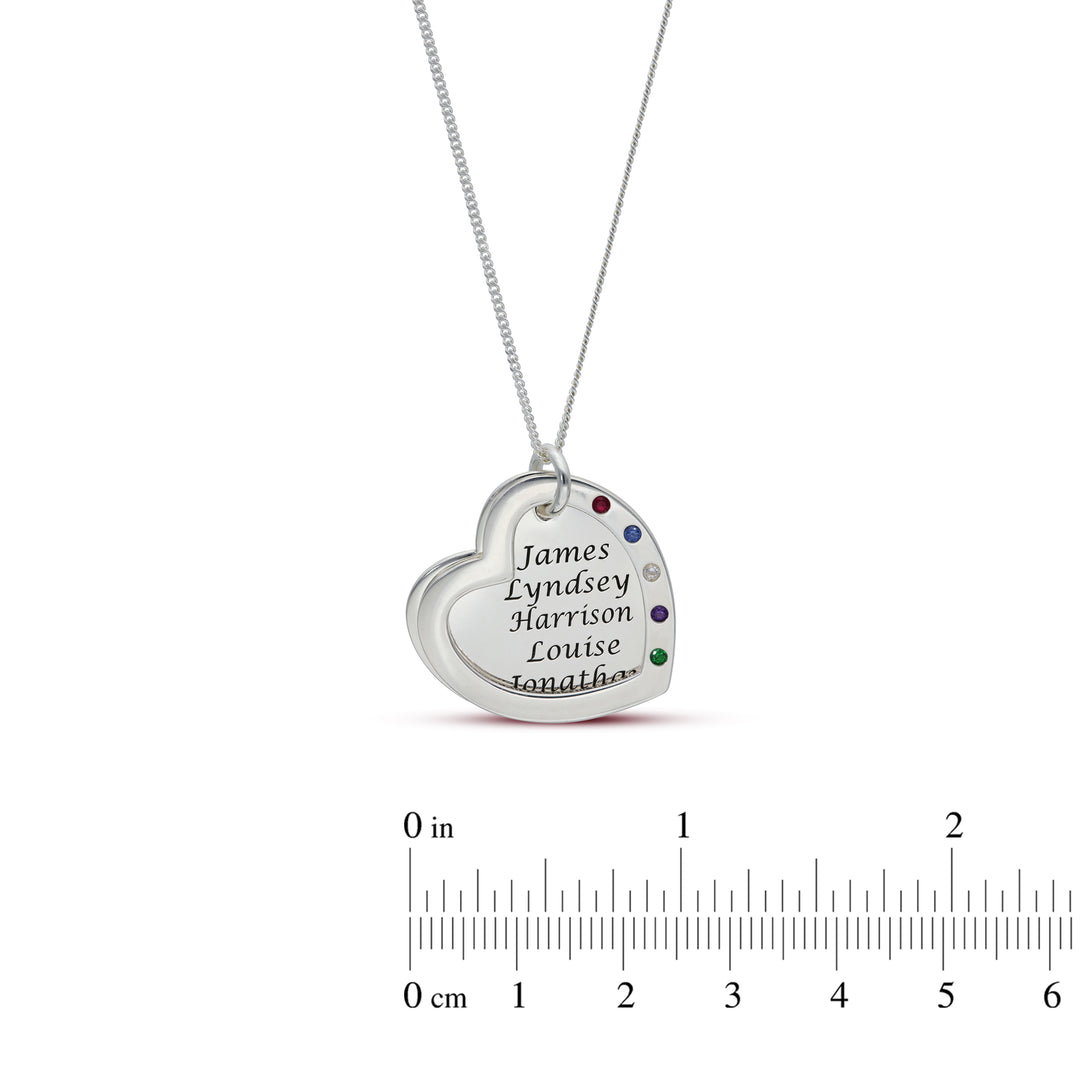Personalised Sterling Silver Double Heart Necklace with 5 Names & Birthstones – Perfect Gift for a Loved One