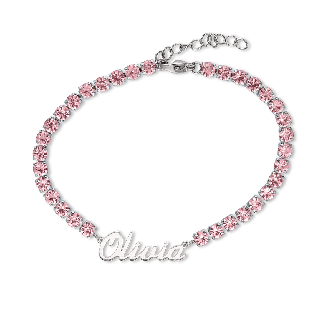 Custom Tennis Bracelet with Name – Silver Nameplate & Pink or Clear Zirconia's