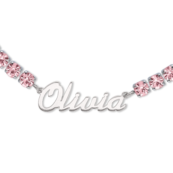 Custom Tennis Bracelet with Name – Silver Nameplate & Pink or Clear Zirconia's