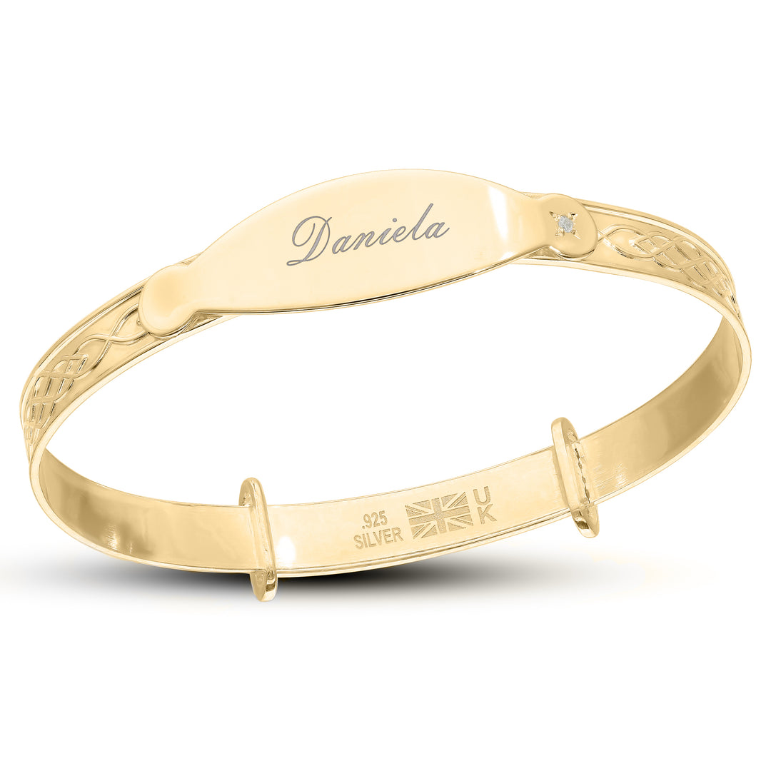 Children’s Personalised CZ Celtic Baby Bangle in Silver or 18ct Yellow Gold plated (0-1 years)