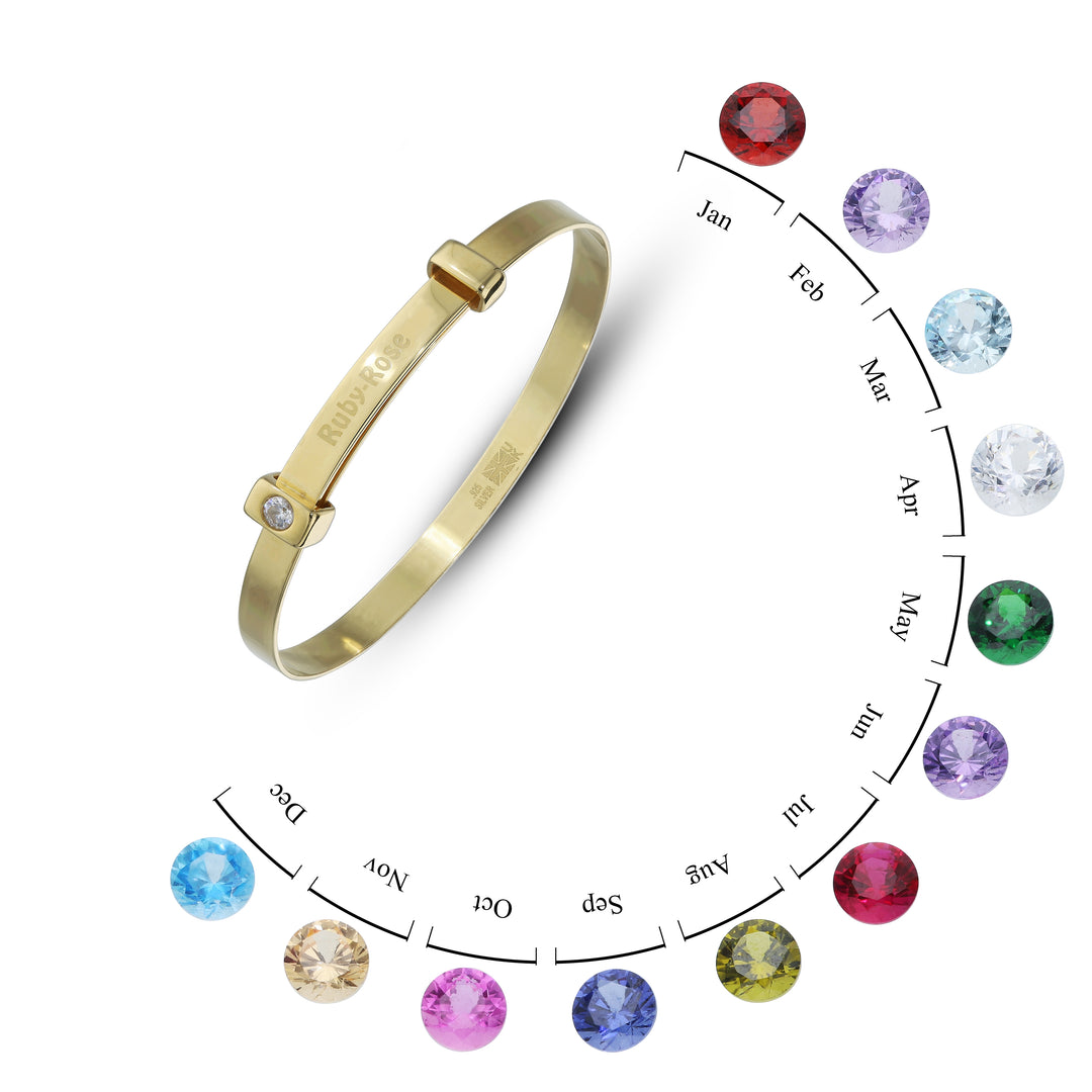 Children's Personalised "You are Forever Loved" Birthstone Bangle in Silver or 18ct Yellow Gold plated (0-3 years)