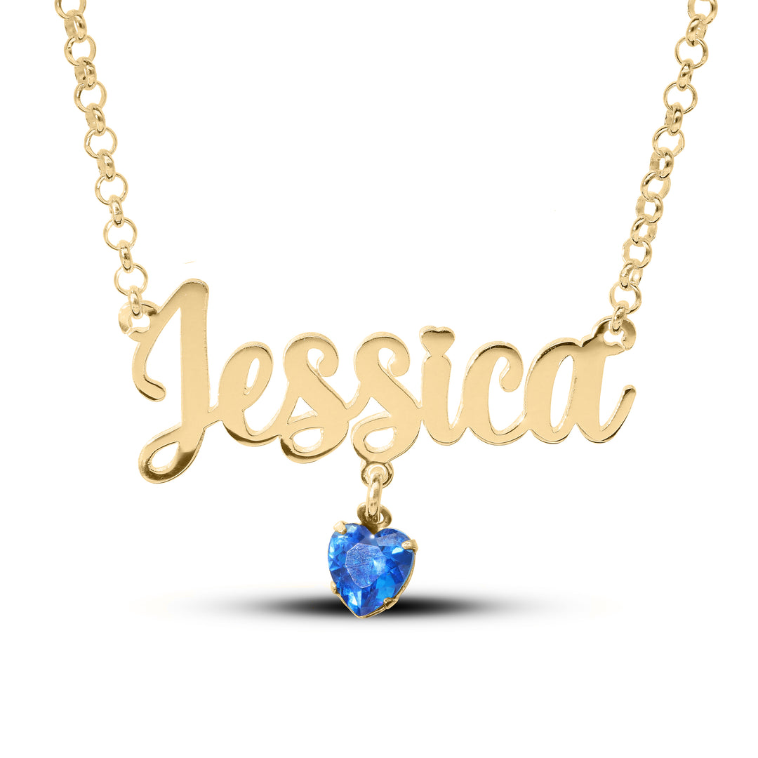 Sterling Silver Name Necklace with Birthstone Heart Charm in Silver or 18ct Yellow Gold plated