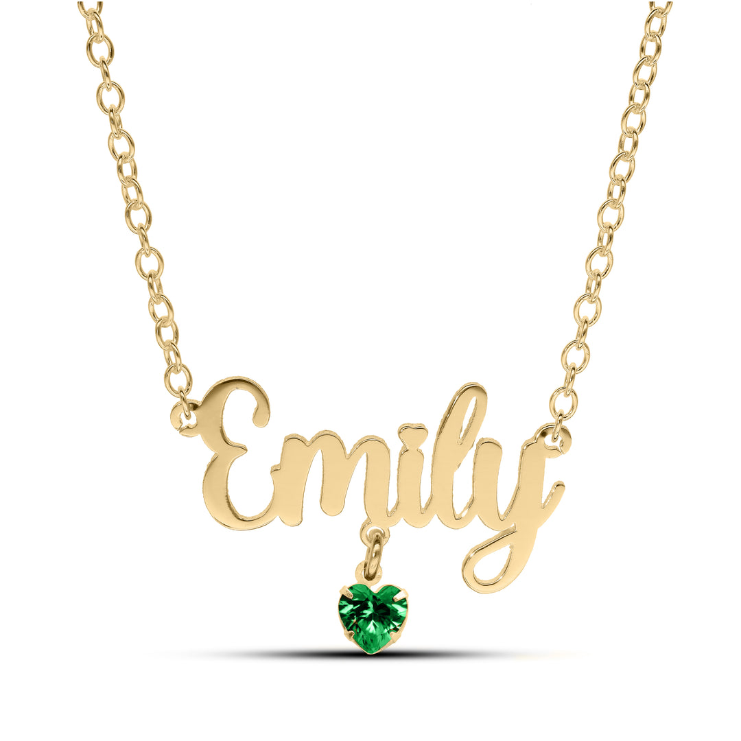 Sterling Silver Name Necklace with Birthstone Heart Charm in Silver or 18ct Yellow Gold plated