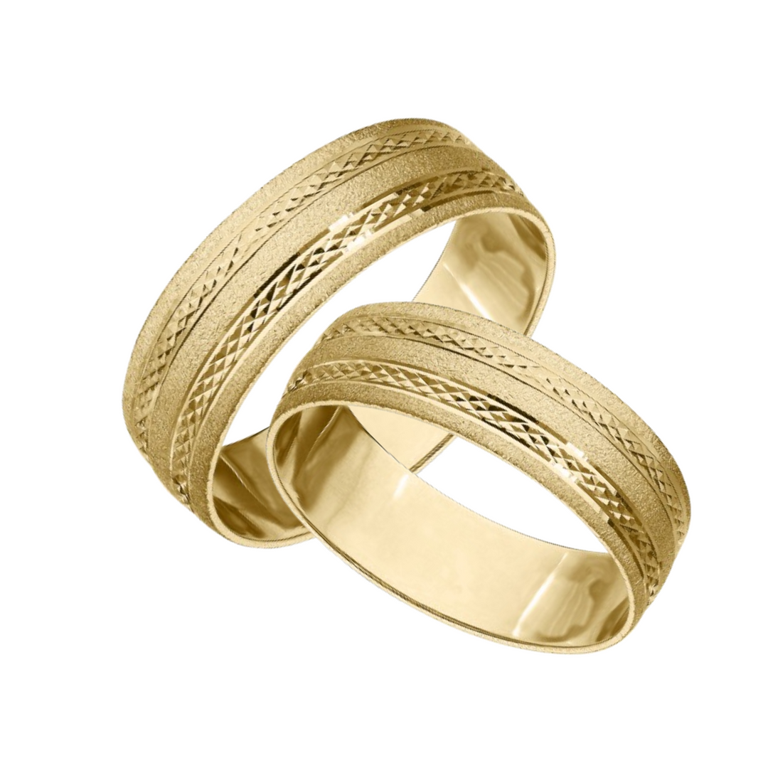 9ct Yellow Gold and White Gold Personalised Weeding Set, Moon Dust and Diamond Cut effect