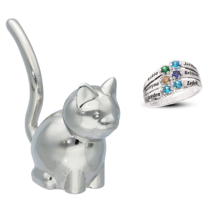 Custom 6 Name & 6 Birthstone Silver Family Ring with Elephant or Cat Ring Holder Gift Set