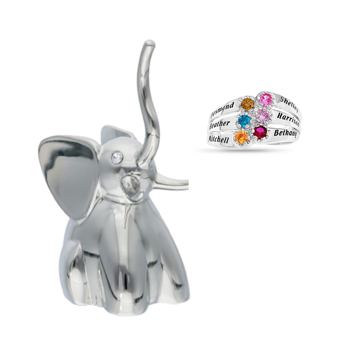 Custom 6 Name & 6 Birthstone Silver Family Ring with Elephant or Cat Ring Holder Gift Set